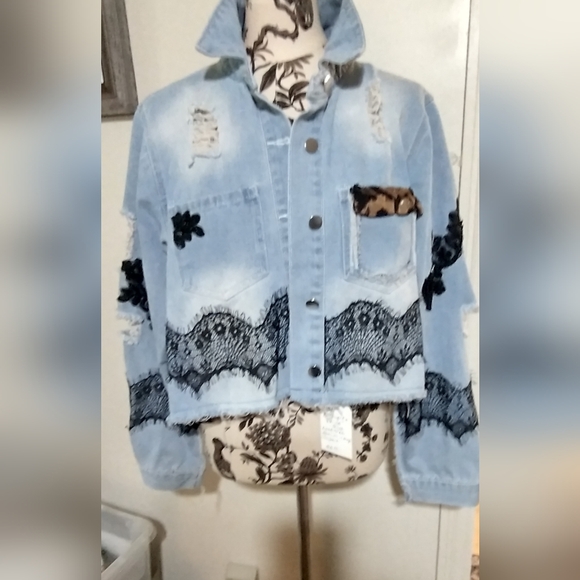 Women's Overi Distressed Denim Jacket with Black Lace Accents, Animal Print - Picture 1 of 4